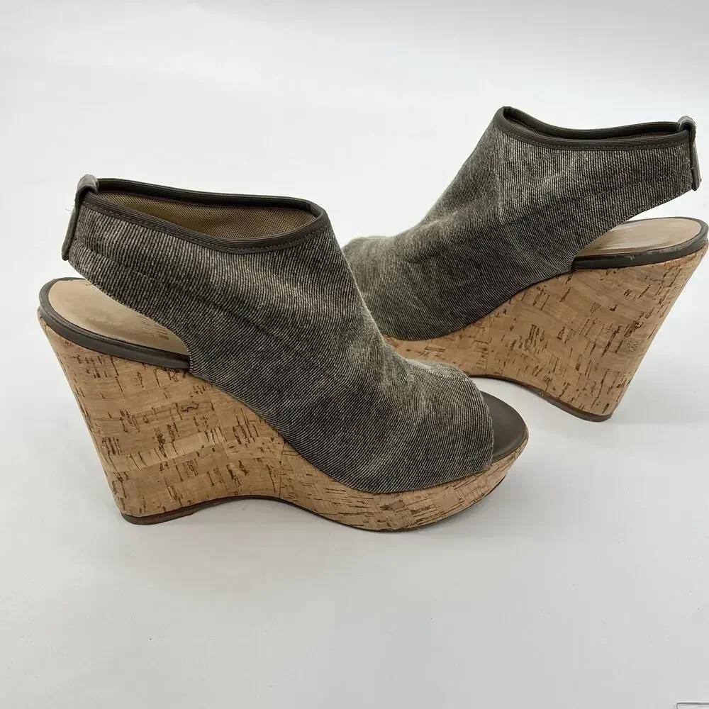 Stuart Weitzman‎ Glove Tan Stretch Wedge Slingback Sandal Size 8M Cork Peep Toe - Picture 10 of 12